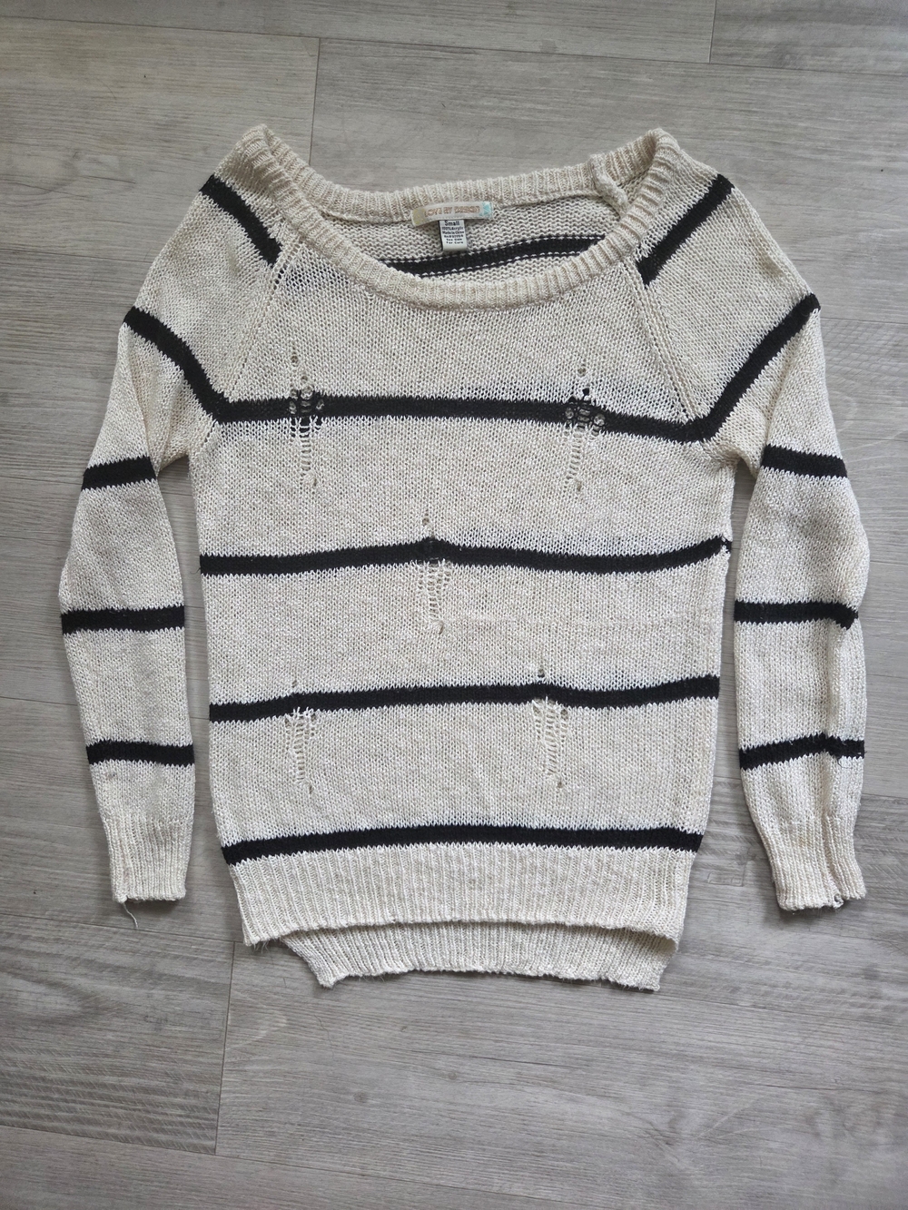 Love By Design Distressed Cream and Black Striped Scoop Neck Sweater